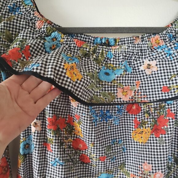 Zara Top Tunic Off Shoulder Bell Sleeves Floral Gingham L Cotton Ruffle - Picture 4 of 7